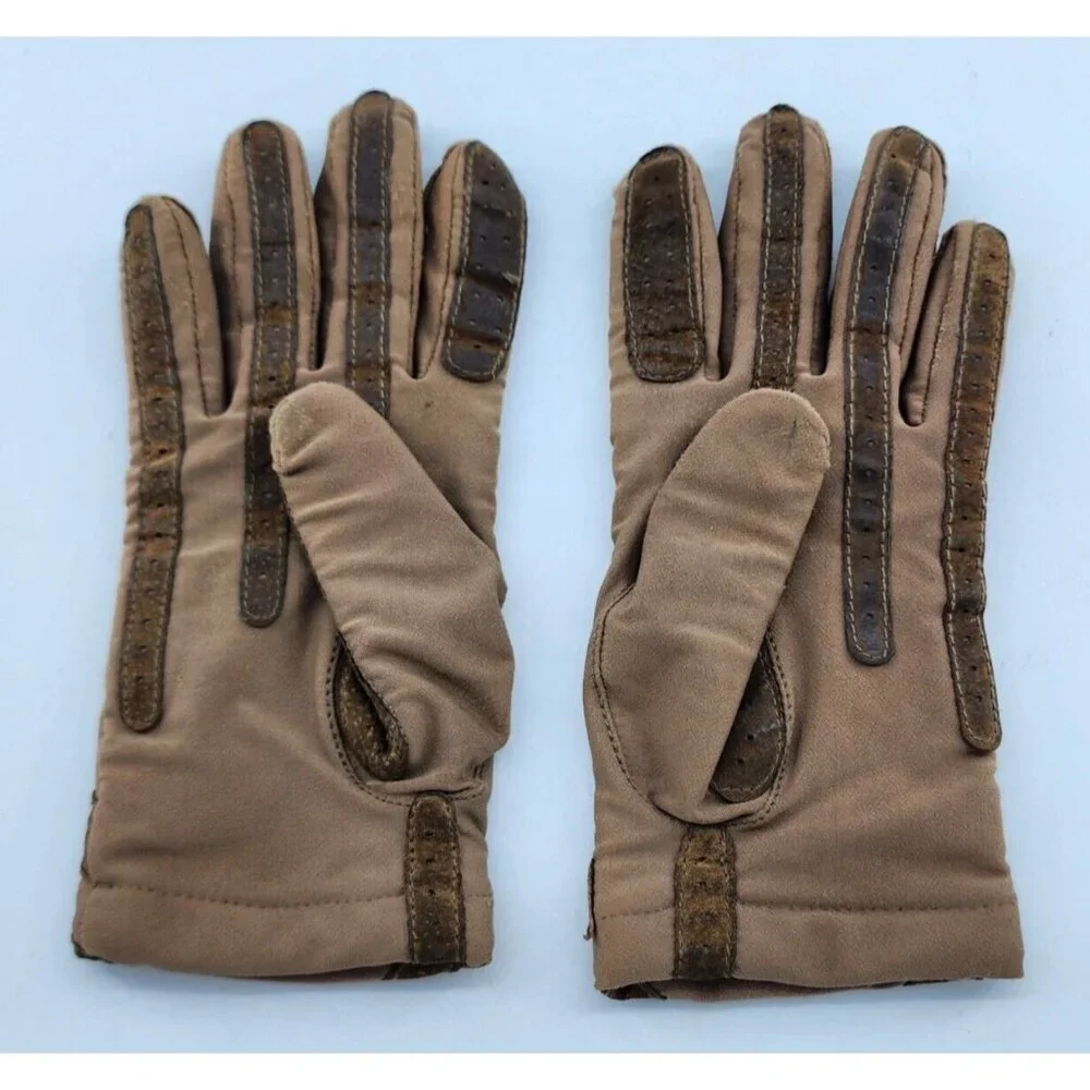 VTG Aris Isotoner Tan Women Fleece Lined Gloves Suede Brown Trim Warm Ups Large‎ - Picture 2 of 6
